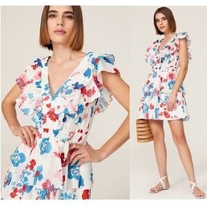 PETER SOM Floral Print Flutter‎ Short Sleeve Back Tie Ruffle Tier Mini Dress 2